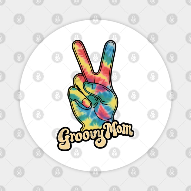 "Groovy Mom Peace Sign Hand Tie-Dye" - Retro Cute Hipster Magnet by stickercuffs